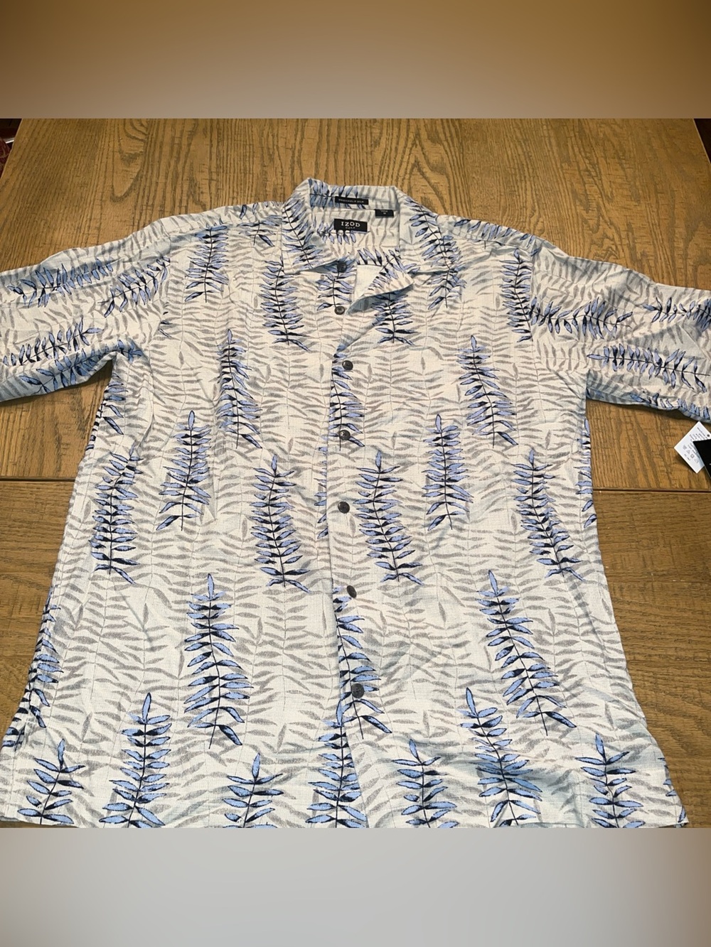 IZOD Washable Silk Polo Shirt Mens Gray Blue Hawaiian Leaves Button Up Medium M